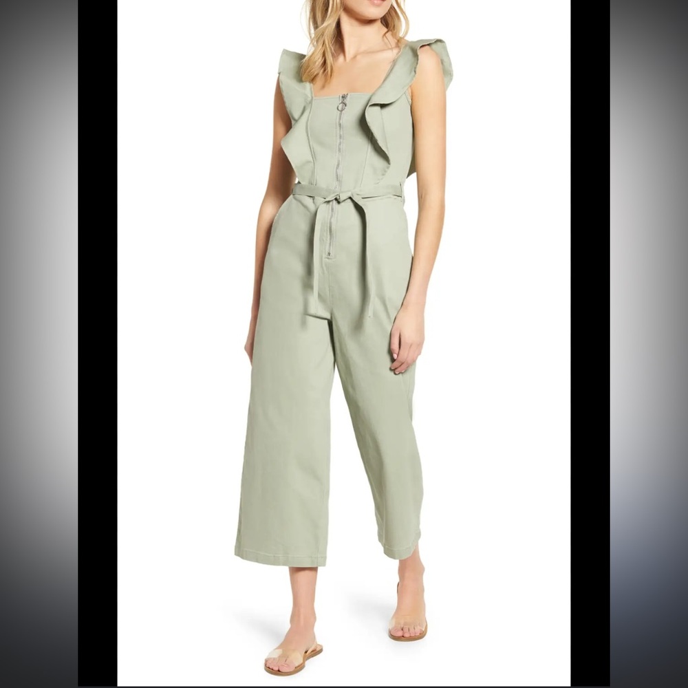 Tinsel Ruffle Strap Wide-Leg Belted Jumpsuit